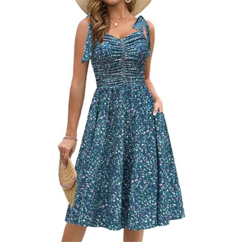 Women's Summer Casual Spaghetti Strap Flowy Boho Floral Midi Dress With Pockets